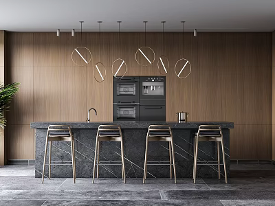 Modern Kitchen Interior Design With Island Counter Bar Stools And Hanging Lights 3d model