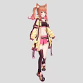 Anime Woman Dressed In Yellow Jacket Pink Skirt With Cat Ears Tail And Black Stockings