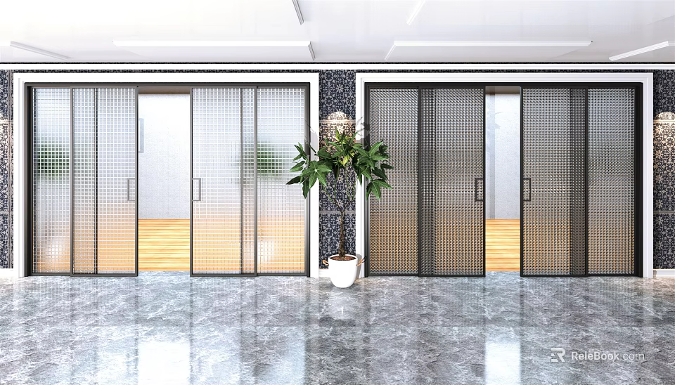 Modern Glass Sliding Doors In Bright Interior Space With Potted Plant And Marble Floor 3d model 