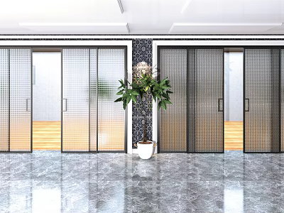 Modern Glass Sliding Doors In Bright Interior Space With Potted Plant And Marble Floor 3d model