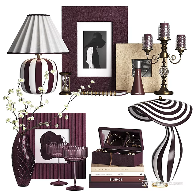 Elegant Decorative Ornament Set With Striped Lamp Frames Candelabra Vase And Box 3d model 