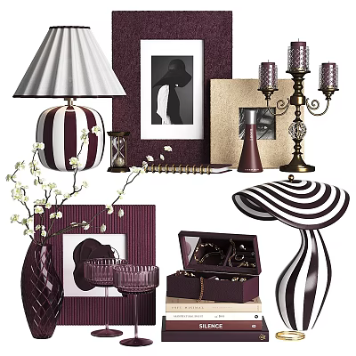 Elegant Decorative Ornament Set With Striped Lamp Frames Candelabra Vase And Box 3d model