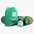 Green Backpack With Smiley Face Design And Skateboard Cap Water Bottle Game Controller 3d model