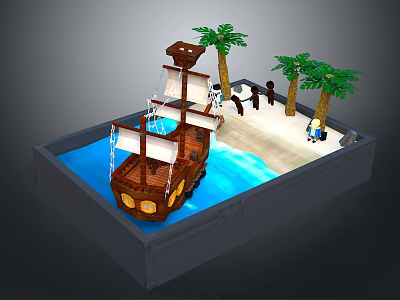 Pirate Ship Play Scene With Blue Water Sand Beach Palm Trees And Figures 3d model