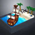 Pirate Ship Play Scene With Blue Water Sand Beach Palm Trees And Figures