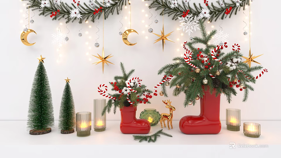 Christmas Decorative Ornament Set With Trees Red Boots Candy Canes Star And Reindeer 3d model 