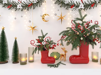 Christmas Decorative Ornament Set With Trees Red Boots Candy Canes Star And Reindeer 3d model