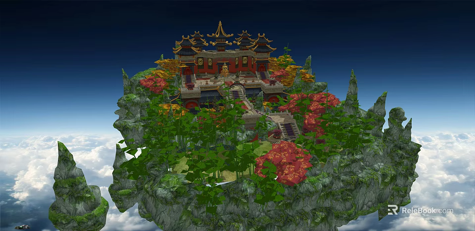 Ancient Chinese Architecture Surrounded By Mountain Greenery Red Leaves And Stone Steps 3d model 