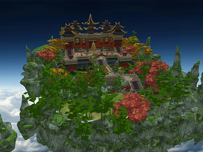 Ancient Chinese Architecture Surrounded By Mountain Greenery Red Leaves And Stone Steps 3d model