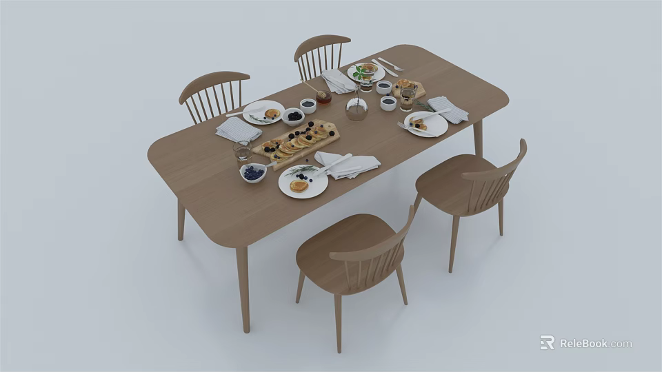 Long Wooden Dining Table Set With Four Chairs And Tableware Dessert Plates Cups 3d model 