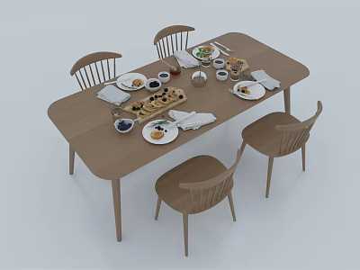 Long Wooden Dining Table Set With Four Chairs And Tableware Dessert Plates Cups 3d model