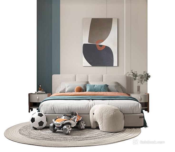 Modern Double Bed Bedroom Setup With Bedside Tables Abstract Painting And Round Rug With Toys 3d model 