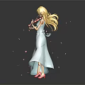 Game Movie Character Blonde Girl in White Dress Playing Violin with Pink Petals