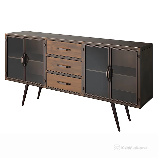 Modern TV Stand with Glass Doors Drawers and Slim Wooden Legs for Living Room 3d model 