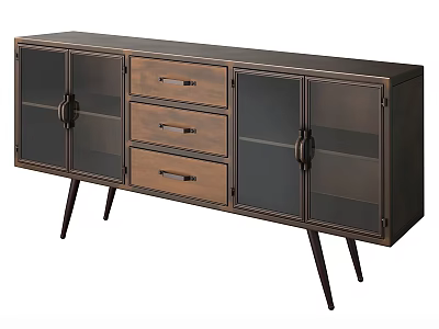 Modern TV Stand with Glass Doors Drawers and Slim Wooden Legs for Living Room 3d model