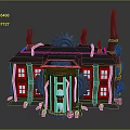 Steampunk Style Building with Gear Decorations Red Door Windows and Chimneys 3d model