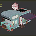 Light Blue Camper Van with Satellite Antenna Solar Panel Open Blue Awning and Door Steps