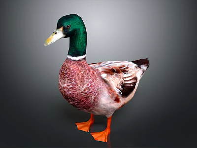 Duck With Green Head White Neck Brown White Feathers And Orange Feet On Dark Background 3d model