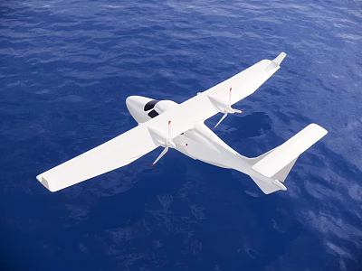White Airplane Flying Over Blue Ocean With Clear Sky Background 3d model