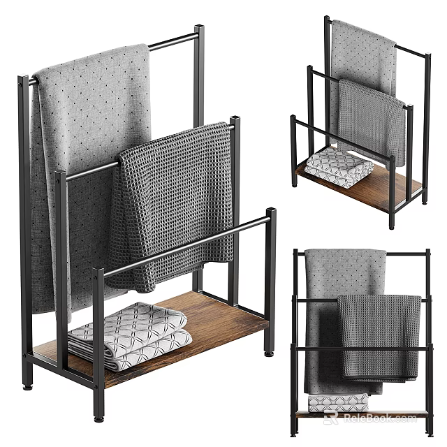 Functional Bathroom Accessories Metal Towel Rack with Wooden Base Hanging and Stacked Towels 3d model 
