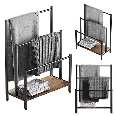 Functional Bathroom Accessories Metal Towel Rack with Wooden Base Hanging and Stacked Towels 3d model