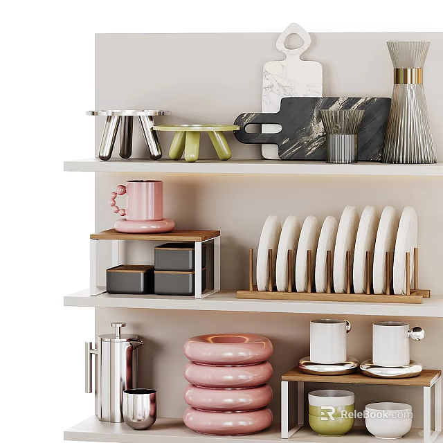 Modern Stylish Dinnerware Set With Pink Ceramic Mugs White Plates Wooden Tray And Metal Shelf 3d model 