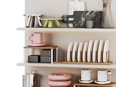 Modern Stylish Dinnerware Set With Pink Ceramic Mugs White Plates Wooden Tray And Metal Shelf 3d model
