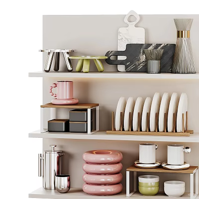 Modern Stylish Dinnerware Set With Pink Ceramic Mugs White Plates Wooden Tray And Metal Shelf 3d model