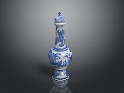 Carved Blue And White Vase Sculpture With Intricate Floral Patterns And Decorative Details 3d model