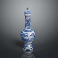 Carved Blue And White Vase Sculpture With Intricate Floral Patterns And Decorative Details