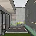Modern Courtyard Garden With Stone Pathway Greenery Lawn And Lighting Features