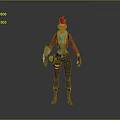 Game Movie Character With Spiked Red Hair Orange Vest Black Cargo Pants And Mechanical Arm