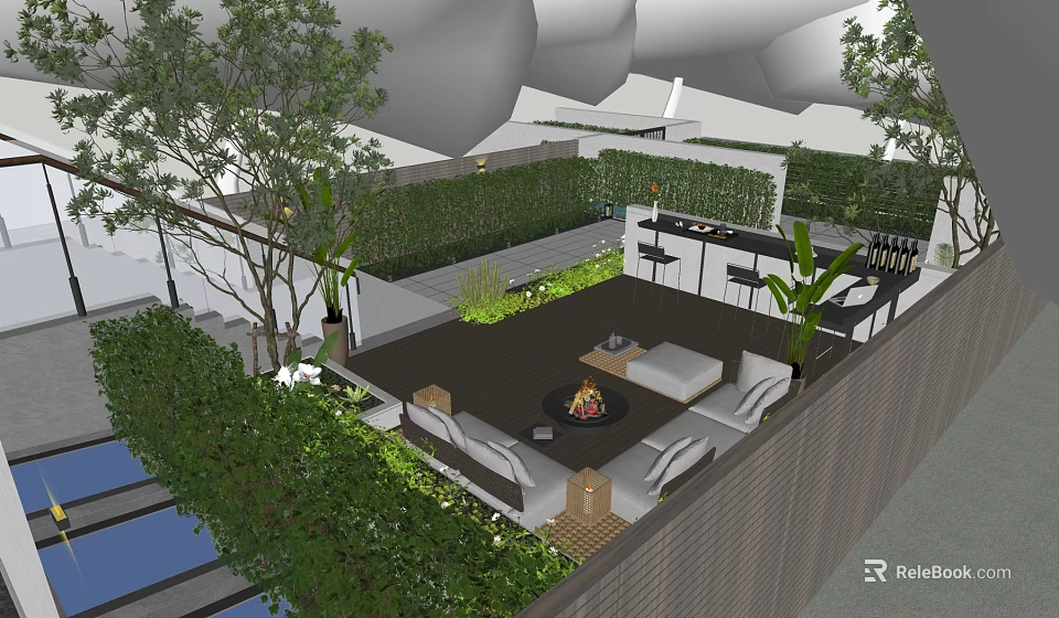 Outdoor Garden Landscape With Lush Greenery Relaxing Seating Area Fire Pit And Bar Counter 3d model 