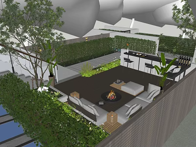 Outdoor Garden Landscape With Lush Greenery Relaxing Seating Area Fire Pit And Bar Counter 3d model