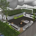 Outdoor Garden Landscape With Lush Greenery Relaxing Seating Area Fire Pit And Bar Counter
