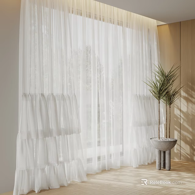 White Sheer Curtains With Ruffled Design For Interior Home Decoration And Potted Plant 3d model 