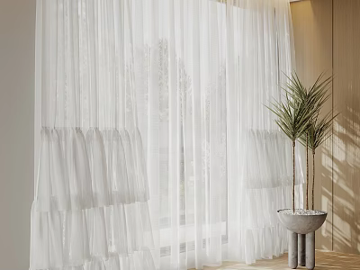 White Sheer Curtains With Ruffled Design For Interior Home Decoration And Potted Plant 3d model