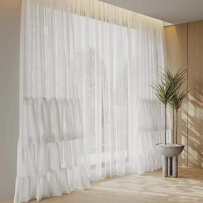 White Sheer Curtains With Ruffled Design For Interior Home Decoration And Potted Plant 3d model