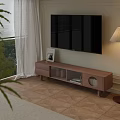 Modern Wooden TV Stand With Drawers Glass Doors And Floor Lamp Near Window