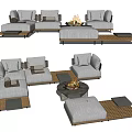 Elegant Modern Gray Linen Sofa Coffee Table Set With Round Fire Pit And Wooden Legs