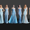 Six Women in Fashionable Light Blue Long Gowns with Various Styles