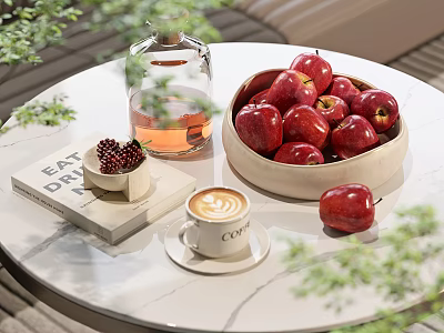 Fresh Red Apples in Bowl on Marble Table With Coffee Book Berries and Green Leaves 3d model