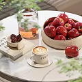 Fresh Red Apples in Bowl on Marble Table With Coffee Book Berries and Green Leaves