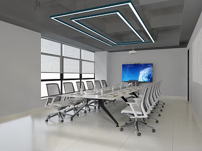 Modern Public Office Area Interior With Long Table White Chairs Large Windows And TV Screen 3d model