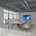 Modern Public Office Area Interior With Long Table White Chairs Large Windows And TV Screen