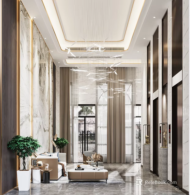 Modern Luxury Elevator Lobby With Marble Walls Crystal Chandeliers Sofa Green Plants Floor-to-Ceiling Windows 3d model 