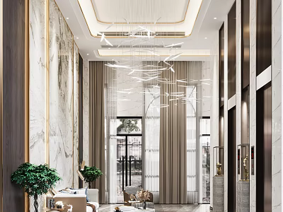Modern Luxury Elevator Lobby With Marble Walls Crystal Chandeliers Sofa Green Plants Floor-to-Ceiling Windows 3d model