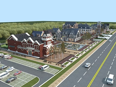 Aerial Planning of Community Area with Red Brick Buildings Parking Lot Road and Green Trees 3d model