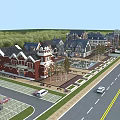 Aerial Planning of Community Area with Red Brick Buildings Parking Lot Road and Green Trees