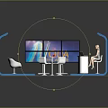 Modern Exhibition Booth With Blue White Design Multiple Screens Tables Chairs And Service Desk Person